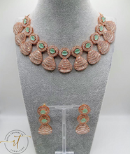 Load image into Gallery viewer, Freya - American Diamond Rose Gold and Green Stone Necklace and Earrings
