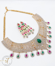 Load image into Gallery viewer, Mia - American Diamond with ruby, green and gold crystals Necklace and Earrings
