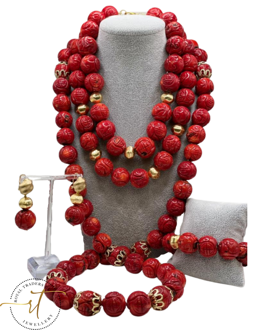 Agota - Red Cut and Carved Coral Bead Set with Gold Italian Plated Findings