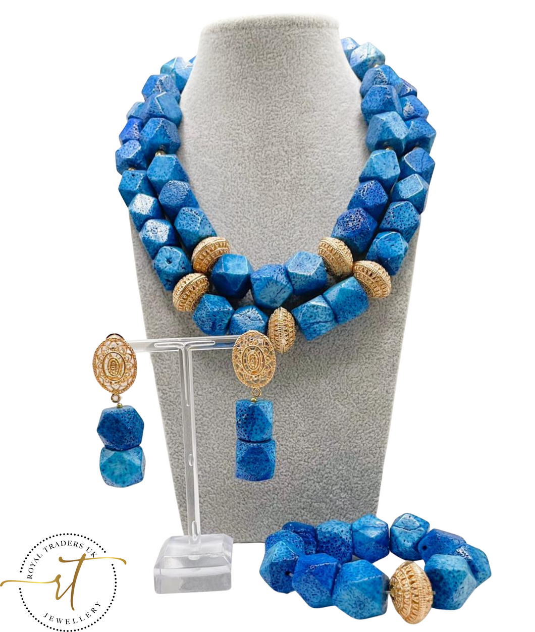 Bai - Blue Coral Bead 3 Piece Set with Italian Gold Plated Findings