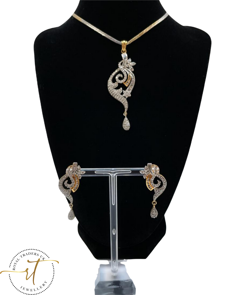 Darcey - Gold and Silver American Diamond Earrings and Necklace Set