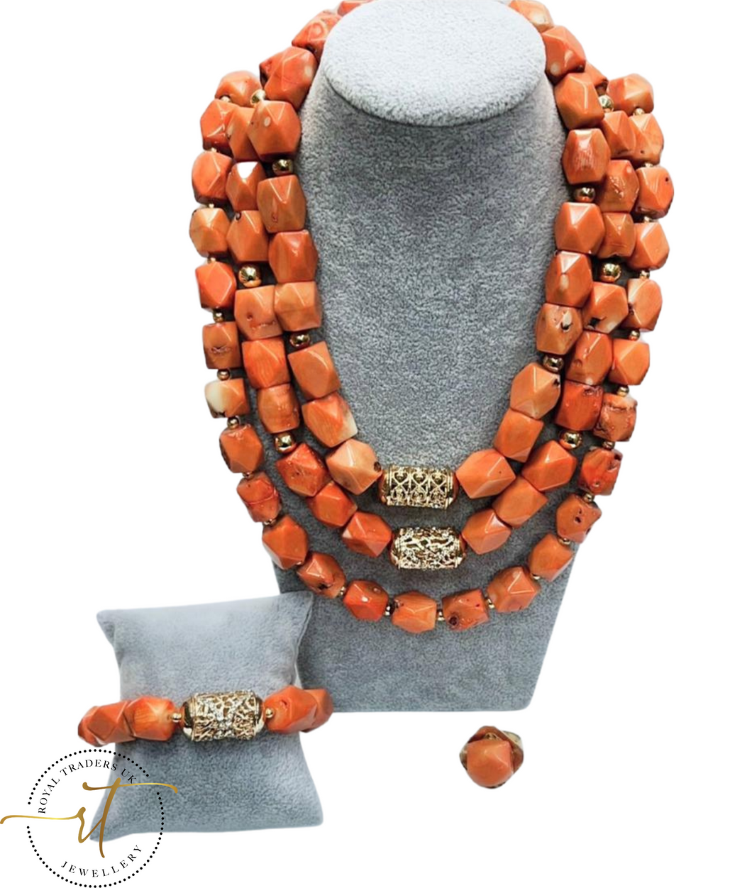 Faith - African Coral Bead Jewelery Set beaded with Gold Plated Findings.