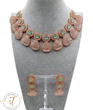 Load image into Gallery viewer, Freya - American Diamond Rose Gold and Green Stone Necklace and Earrings
