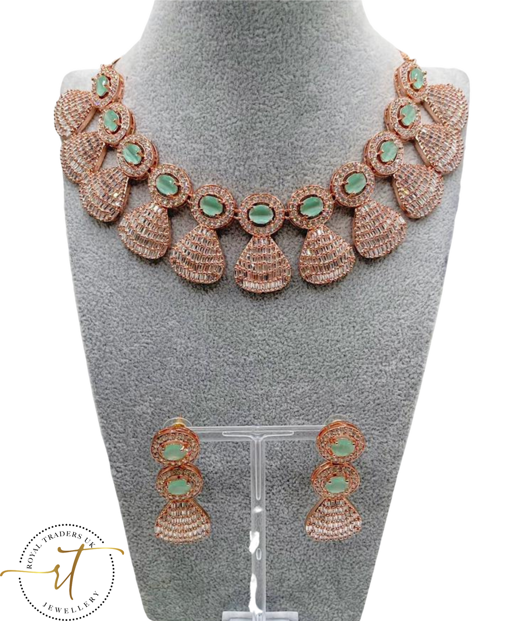 Freya - American Diamond Rose Gold and Green Stone Necklace and Earrings