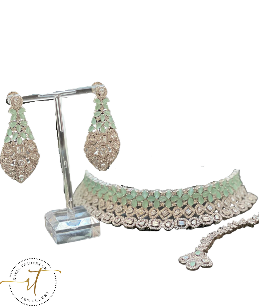 Maisie - Beautiful American Diamond Earrings and Necklace Set with Mint Gems