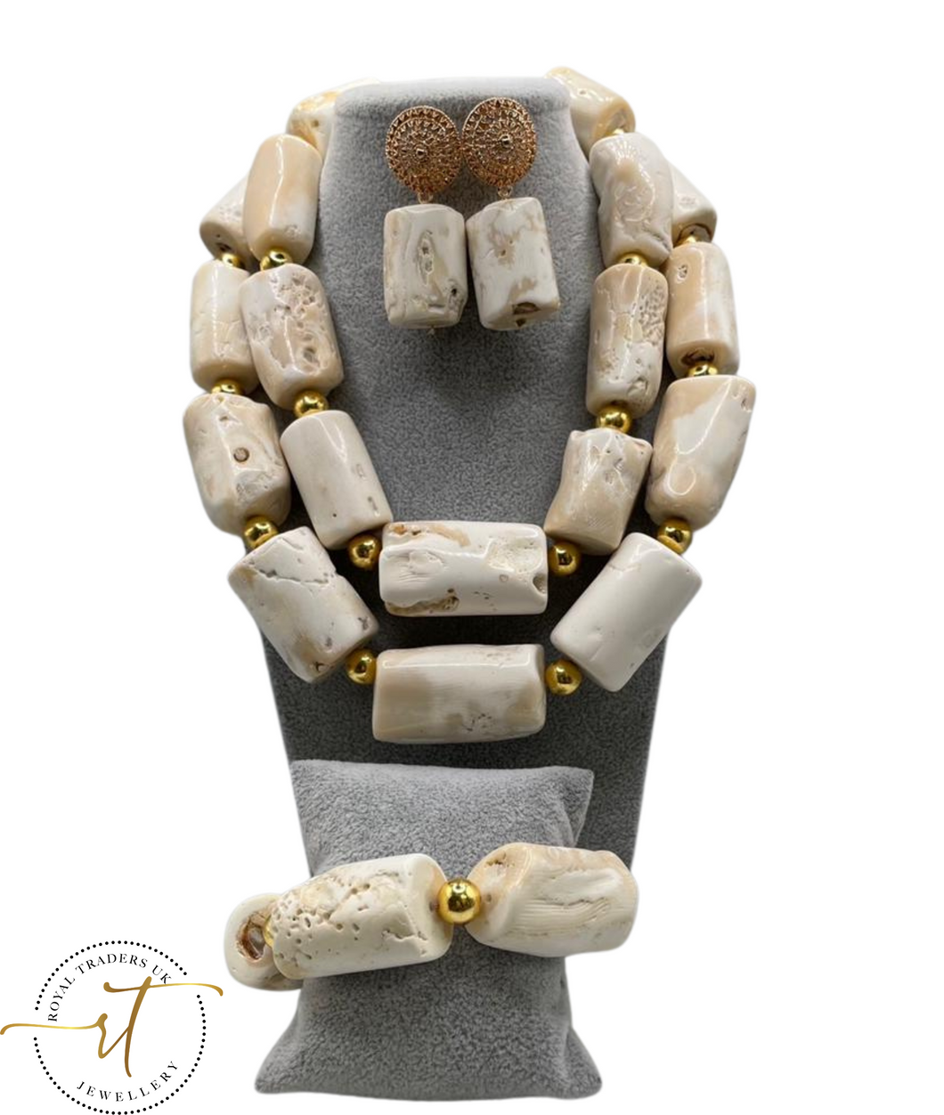 Caitlin - Two Layer Heavy Natural Cut Coral Set  - Off White with Italian Gold Plated Findings