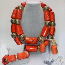 Load image into Gallery viewer, Pallaw - Red Coral Bead Jewelery Set beaded with Gold Plated Findings.
